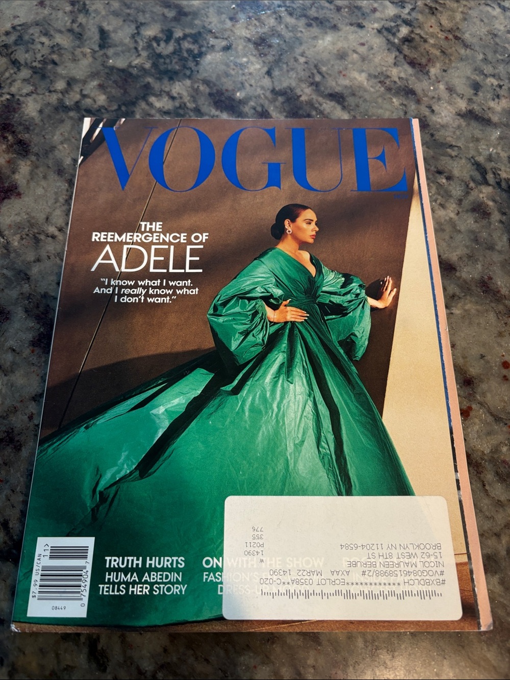 Vogue Cover — Emerald Green Satin Gown with Blue Masthead